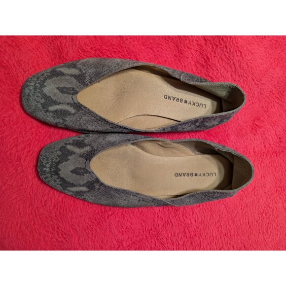 Lucky Brand LK-Alba Gray Suede Leather Ballet Flats 9.5M Snakeskin Print Comfort - Picture 1 of 8